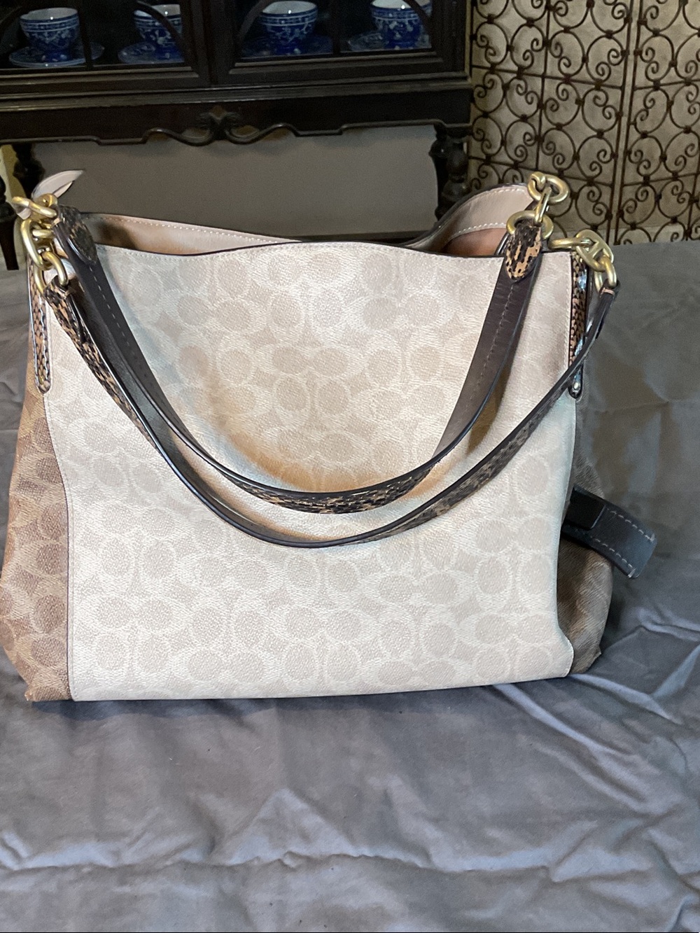 Coach Beige Signature Shoulder Bag with Dark Brown Trim